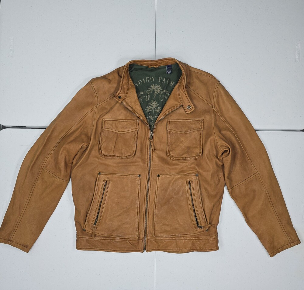 Indigo Palms By Tommy Bahama Men L Soft Tan Leather Bomber Jacket